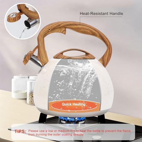 Tea Kettle, Vegoran 100 OZ / 3 Liter Whistling Tea Kettle, Tea Pots for Stove Top Food Grade Stainless Steel with Wood Pattern Folding Handle, Loud Whistle Kettle for Tea, Coffee, Milk (B-White)