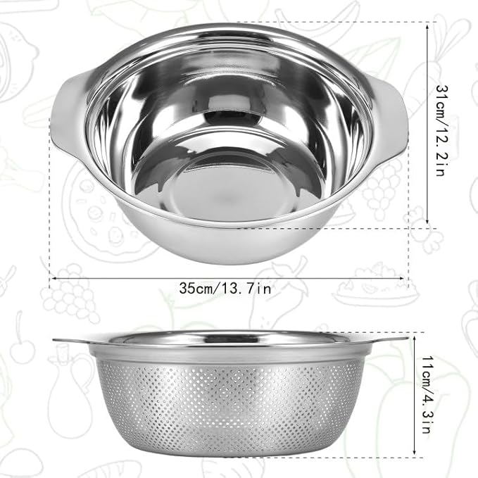 Stainless Steel Microporous Colander for Kitchen, 5QT Large Capacity, Colander and Bowl Set of Two, Stainless Steel Drain Basket with Mixing Bowl, for Washing Fruits and Vegetables