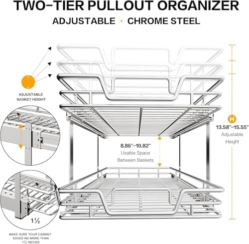 2-Tier Kitchen Cabinet Pull Out Shelf and Drawer Organizer Slide Out Pantry Storaqe Basket in Multiple Sizes (15" W x 21" D)