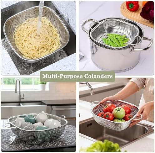 E-far 6QT Square Stainless Steel Colander, Metal Strainer with Handle