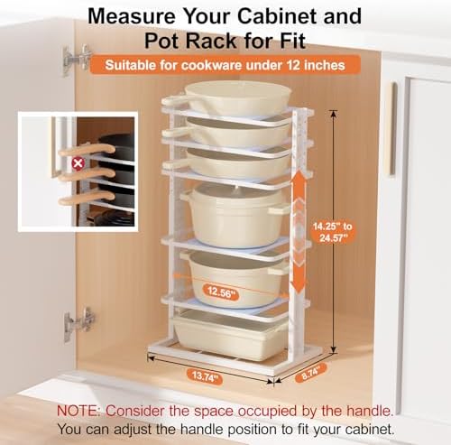 LAMU Pots and Pans Organizer for under Cabinet, 6-Tier Heavy Duty Pan Pot Organizers inside Cabinet Adjustable 14 to 24.57", Pot Rack Kitchen Cabinet Organization and Storage Holds up to 12" Cookware