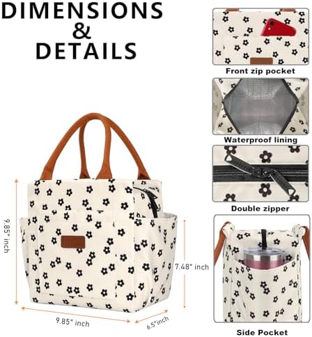 Joymee Insulated Lunch Box for Women Reusable Lunch Bag-Black Little Floral