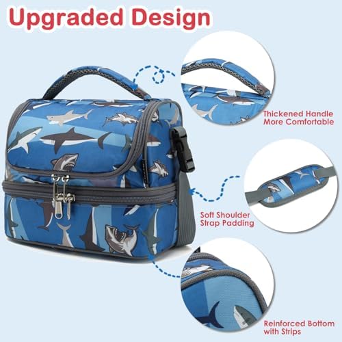 FlowFly Kids Double Decker Cooler Insulated Lunch Bag Large Tote for Boys, Girls, Men, Women, With Adjustable Strap, Shark