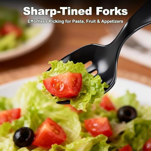48Pcs Disposable Plastic Serving Utensils Set, 16 Black Spoons, 16 Forks, 16 Tongs, 9-Inch for Party Buffet Catering Events, Heavy Duty and Ergonomic Design(48, Black)