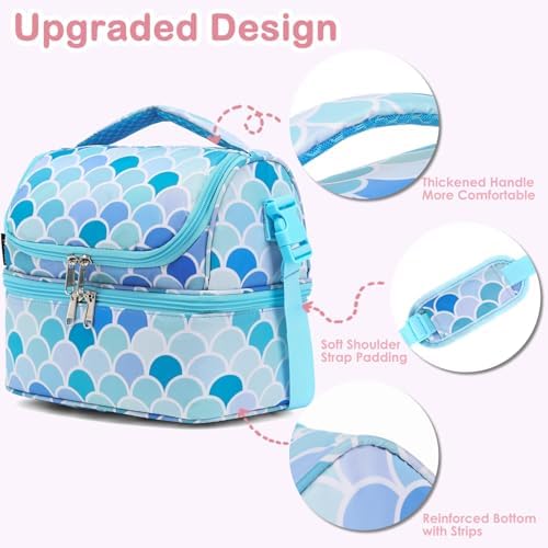 FlowFly Double Decker Cooler Insulated Lunch Bag Large Tote for Boys, Girls, Men, Women, With Adjustable Strap (Mermaid)