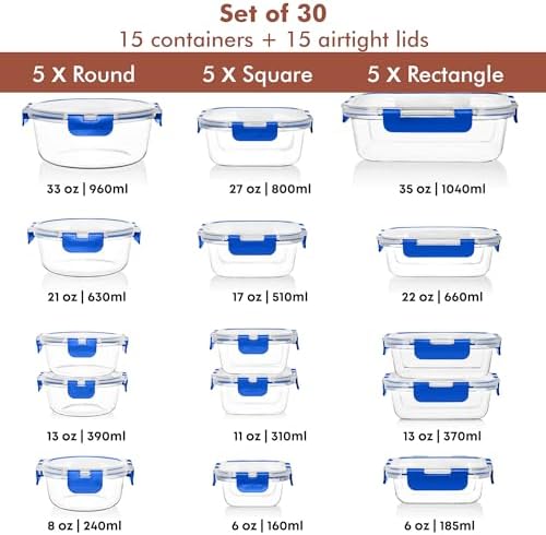 Razab 30 PC Glass Food Storage Containers with Lids - Reusable Glass Meal Prep Containers for Lunch and Leftovers - Airtight & Leakproof Snap Locking Lids - Oven, Freezer, Microwave, Dishwasher Safe