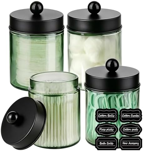 Amolliar Green Glass Apothecary Jar Qtip Holder Metal Lids 4pc/Green-black