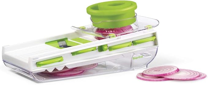 Starfrit Easy Mandoline Slicer, Dicer - 5-Blades and Graters - Straight & Crinkle Blades, Julienne, Grater & Shredder - Self-Feeding Pusher - Catch Base for Storage and Food Container