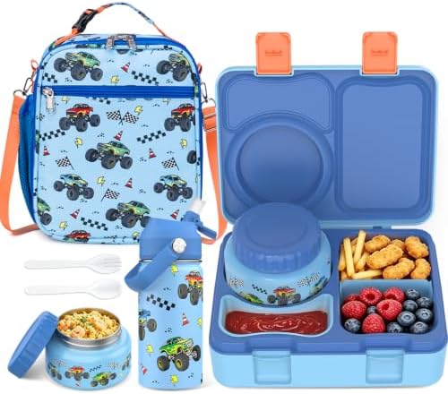 Kids Bento Box with Food Jar, Water Bottle, Lunch Bag, Vehicle