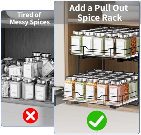 BOIVSHI 2-Tier Spice Rack Organizer, Pull Out Spice Rack for Cabinet, Height Adjustable Heavy Duty Metal Basket for Inside Cabinet & Pantry (11.5''Wx10.5''Dx9.5''H)