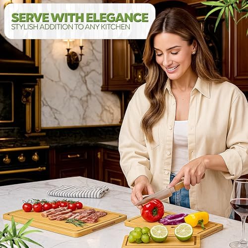 Wood Cutting Boards Set of 3 – Non-Toxic Bamboo Chopping Boards for Kitchen with Deep Juice Grooves – Durable, Eco-Friendly Wooden Serving Boards for Meat, Vegetables & Fruit