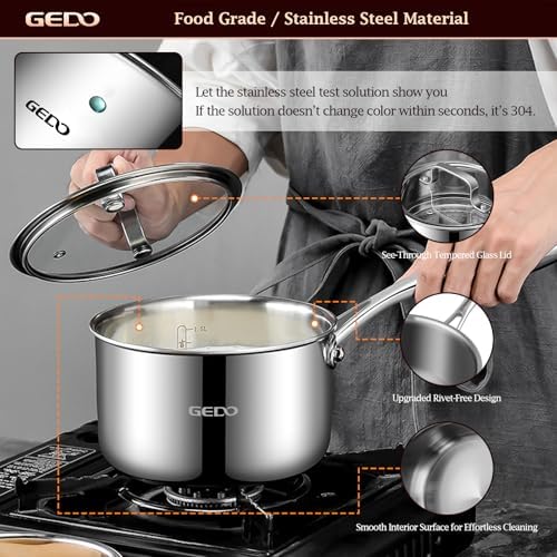 GEDO 3-Ply 304 Stainless Steel Saucepan with Lid, One-Piece Rivet-Free & Seamless Design, Angled Spout & Heat-Resistant Handle, Universal Stovetop Compatible for Indoor Cooking (7 In / 18cm Size)