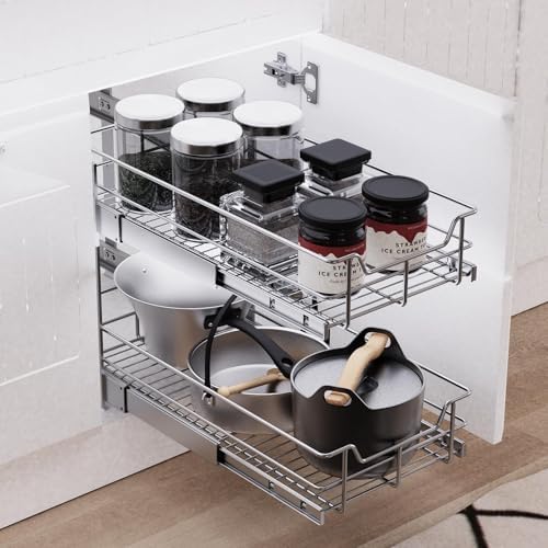 2 Tier Pull Out Cabinet Organizer 18" W X 22" D, Chromed, Full Slide Out