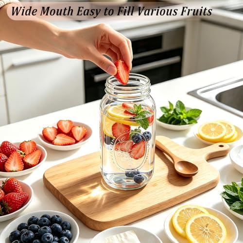 Mason Jar Pitcher 64 OZ Wide Mouth Glass Water Jug With Pour Spout Lids