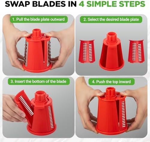 NutriChef 5 in 1 Cheese Grater & Shredder | 5 Different Blades for Thin, Thick, Julienne Strips, Wavy, & Straight Strips | Includes Hand Crank, Strong Suction Base & Storage Container | Red