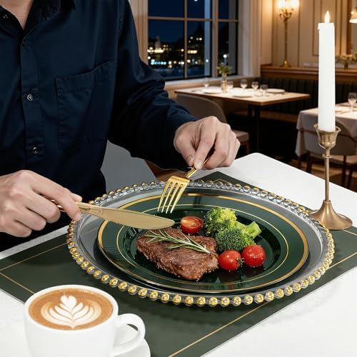 WDF Partyware 175PCS Green Plastic Plates - Green and Gold Disposable Plates 25Guests Plastic Plates with Rolled Napkins for Birthday/Party/Wedding