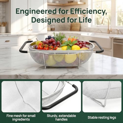 2 Pack Over the Sink Oval Colander for Kitchen, Stainless Steel Fine Mesh 6 Quart Strainer Basket with Expandable Rubber Grip Handles for Straining, Draining, Rinsing Fruits, Vegetables