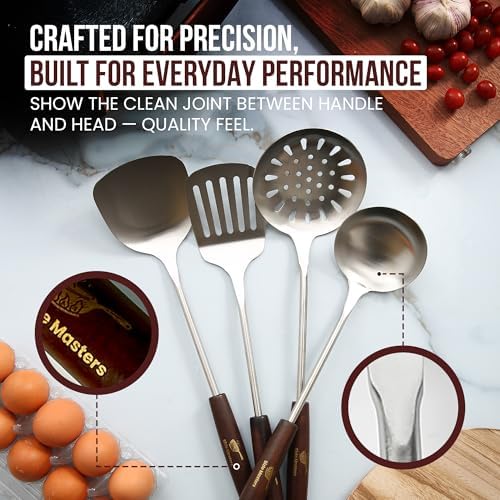 Pre-Seasoned Cast Iron Nonstick Stir-Fry Pan | Dual Handles & 4 Spatulas | Flat Bottom Wok with Wooden Lid & Wood Handle | Traditional Chinese Induction Wok (36Cm)