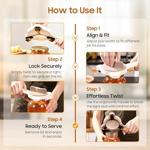 4-in-1 Adjustable Stainless Steel Jar Opener for Seniors Arthritic & Weak Hands, Manual Lid Gripper for Mason Pickle Sauce Jam Soda Wine Jars, Compact Practical Home RV Kitchen Gadget