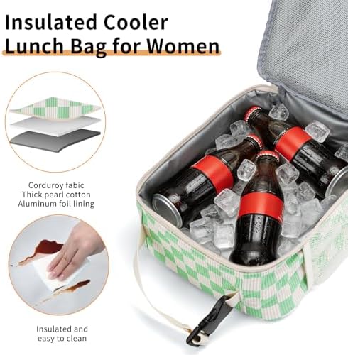 Lunch Box for Women Men Adult Insulated Lunch Bag Women Men Small Reusable Lunchbox for Work Picnic Travel (Beige-Light Green Plaid)