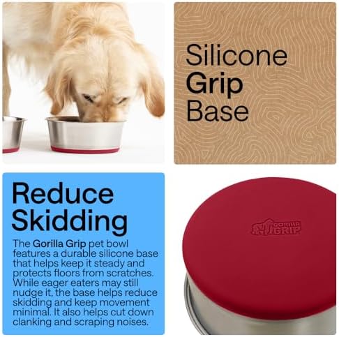 GORILLA GRIP Dog Bowl, Food Grade Stainless Steel Water Bowls, 4 Cup Red