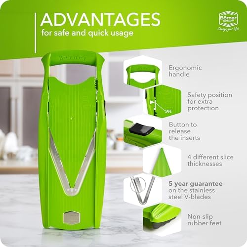 Börner Mandoline Slicer V5 (Basic Set) • Vegetable V-Slicer for Slices in 4 Thickness Settings • Stainless Steel V-Blade • Adjustable Kitchen Slicer for Vegetables & Fruits • Color: Green