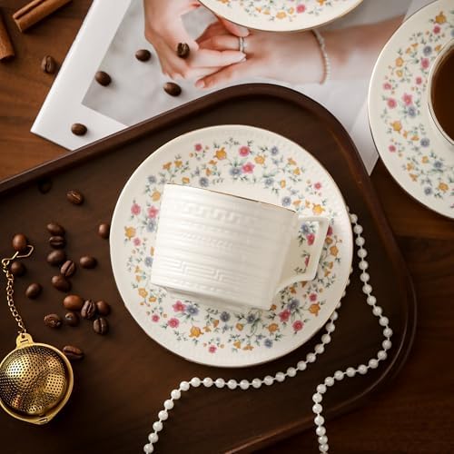 Country Roses Porcelain Tea Cup and Saucer Set with Gold Trim, Vintage Style, For Women and Tea Parties (1, P)
