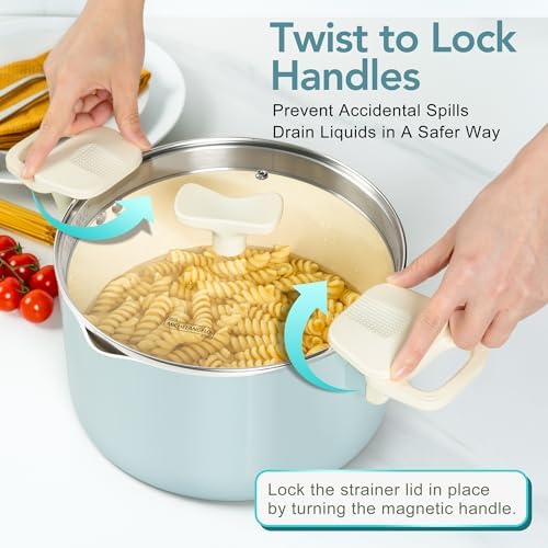 MICHELANGELO 6 Qt Ceramic Nonstick Pasta Pot with Strainer Lid, Soft Aqua