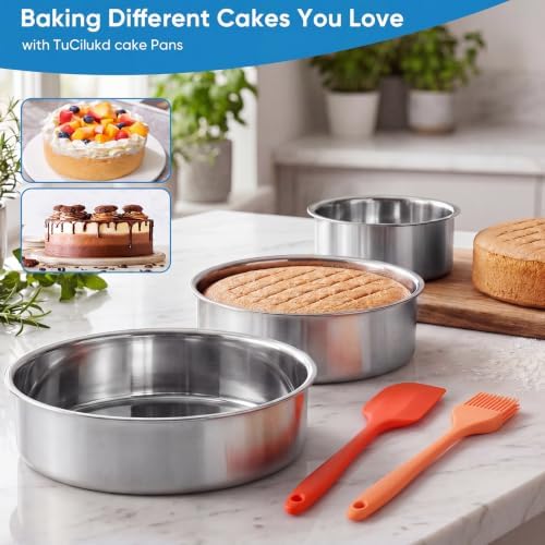 4 6 8 Inch 3-Piece Round Cake Pan Set with 150 Parchment Paper Liners, Stainless Steel Baking Pans with Handles, Includes Silicone Brush & Spatula, Layer Cake Baking Set for Cheesecake, Birthday Cake