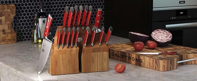 Dalstrong 18-Piece Kitchen Knife Set Block - High Carbon German Steel Full Tang - Acacia Wood Knife Block Set - Red Handles ABS Gladiator Series - Professional NSF Knives set for Kitchen Cuchillos