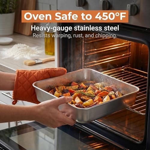 E-far 8 x 8-Inch Baking Pan with lid, Square Cake Brownie Baking Pans Stainless Steel Bakeware Set of 2, Non-toxic & Healthy, Easy Clean & Dishwasher Safe - 4 Pieces(2 Pans + 2 Lids)