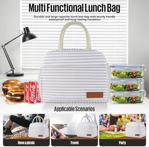 douyadady Lunch Bag Women/Men Lunch Box Women/Men (Grey+White Stripes)