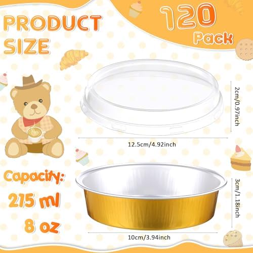 Yinder 120 Pcs 8 oz Disposable Creme Brulee Ramekins with Lids, 4 Inch Mini Pie Tins Aluminum Foil Pie Tart Cake Baking Pans Individual Round Containers Oven Safe (Gold)
