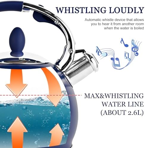SUSTEAS Whistling Tea Kettle, 2.7QT Food-Grade Steel Teapot, NAVY BLUE