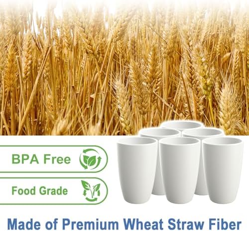 Plastic Drinking Glasses 20 OZ, Wheat Straw Cups Set of 6 - White