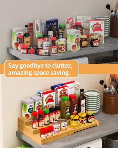 Spice Rack 3-Tier Natural Bamboo, Adjustable Cabinet Organizer Shelf