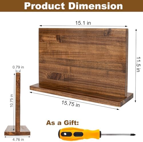 RedCall Magnetic Knife Holder, 16" Double Sided Acacia Wood Knife Block for Kitchen Counter,Strong Magnet Knife Strip for Chef Knife, Large Knife Storage with Non-Slip Base - Fits Up to 12 Knives