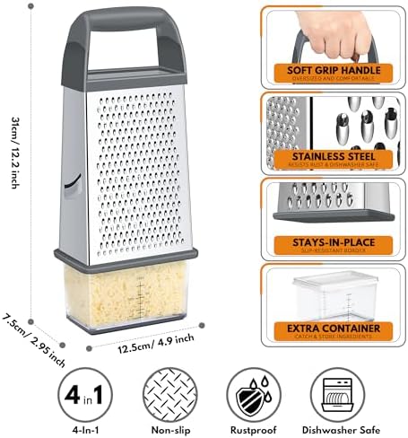 Cheese Grater With Container Box Grater Stainless Steel Kitchen Grey
