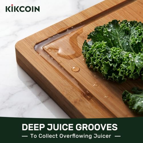 Kikcoin 20”×14” Deep-Carbonized Bamboo Cutting Boards for Kitchen, Healthy Wooden Cutting Boards for Kitchen, Charcuterie, Vegetables, Extra Large Chopping Boards with Deep Juice Groove and Handle
