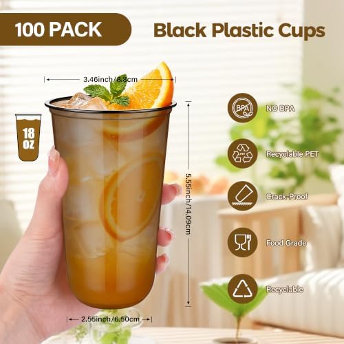 KesaPlan 100 Pcs 18oz Plastic Black Cups, Disposable Wine Cocktail Glasses