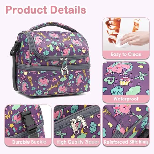 FlowFly Double Decker Cooler Insulated Lunch Bag Large Tote for Boys, Girls, Men, Women, With Adjustable Strap (Purple-Unicorn)