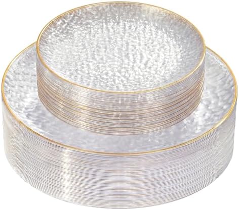 Rubtlamp 60Pcs Clear Plastic Plates,Clear Disposable Plates With Gold Rim,Heavy-duty Gold Plates,Hammered Party Plates Include 30Clear Dessert-Platos,30Dinner-Platos for Wedding, Party