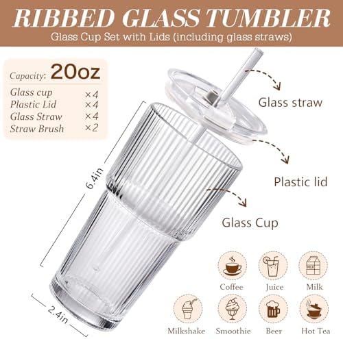 20oz Ribbed Iced Coffee Cups with Lids,4 Pcs Vintage Glass Cups Tumblers