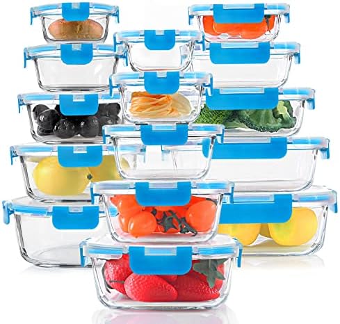 KOMUEE 30 Pieces Glass Food Storage Containers Set, Blue