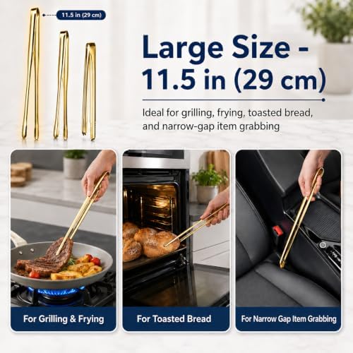 Stainless Steel Kitchen Tongs Set of 3, 6-11.5in Non-Slip Gold