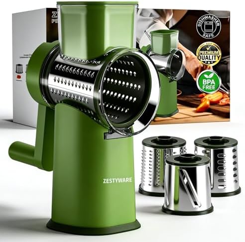 Rotary Cheese Grater Hand Crank with Foldable Handle, Three Blades