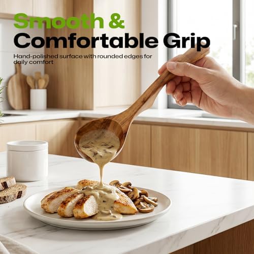 AIUHI Wooden Ladle Spoon Set, 3Size Teak Wood Ladle Spoon, Wooden Soup Spoon for Cooking, Non-Stick, Comfortable Grip for Cooking and Serving