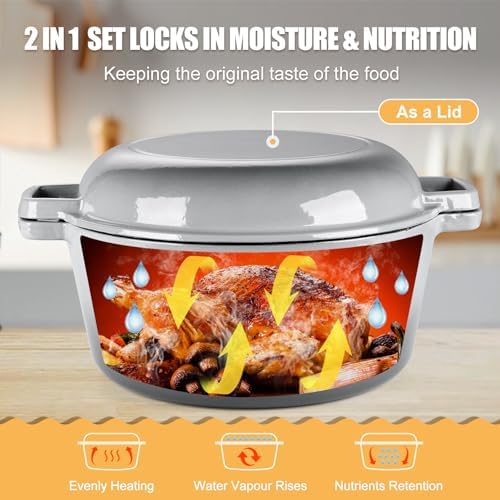 P&P CHEF 2 In 1 Gray Dutch Oven Pot with Lid for Bread Baking, 5Qt