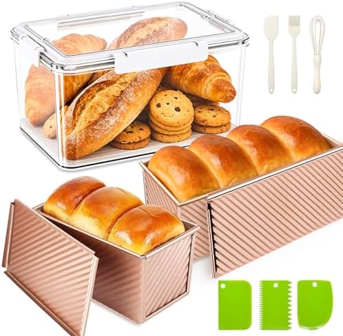 3Pack 1LB Bread Loaf Pan with Lid + Bread Storage Container, Nonstick Bread Pans with Lids for Homemade Sandwich Bread, Pullman Bread Baking Pans & Breadbox for Homemade Bread