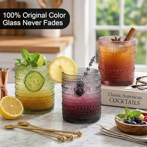 HomeVogue 12oz Colored Hobnail Drinking Glasses Set of 6, Vintage Glassware Old Fashioned Beverage Glasses, Cocktail Glass Set, Kitchen Water Glasses Cup, for Beer, Smoothie, Juice